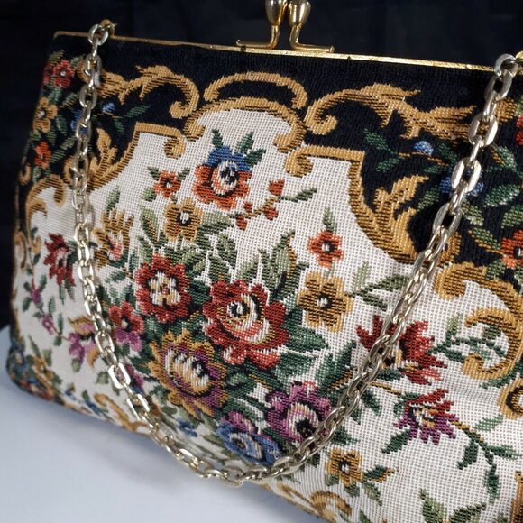 Vintage D-Val Hong Kong Designer Purse Black & Floral Tapestry Petit Point - Picture 2 of 7